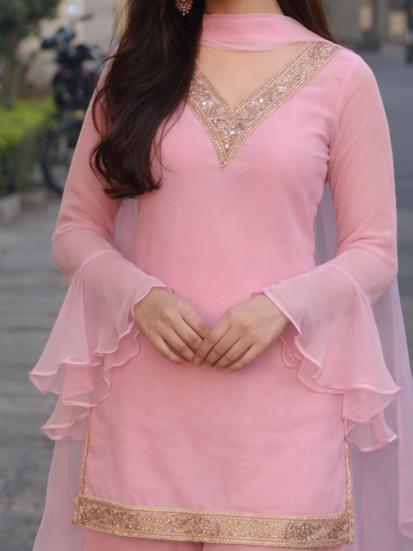 Baby Pink Georgette Kurta Set with Palazzo & Dupatta – Gold Embroidered Border