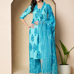 Poshak Hub Women Turquoise Cotton A Line Kurta palazzo and dupatta