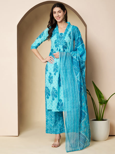 Poshak Hub Women Turquoise Cotton A Line Kurta palazzo and dupatta
