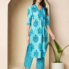 Poshak Hub Women Turquoise Cotton A Line Kurta palazzo and dupatta