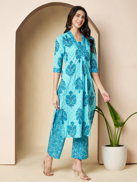 Poshak Hub Women Turquoise Cotton A Line Kurta palazzo and dupatta