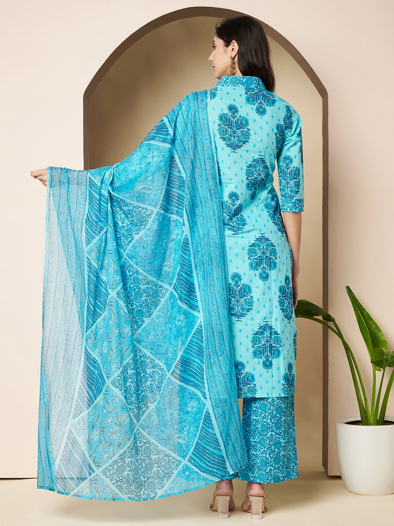 Poshak Hub Women Turquoise Cotton A Line Kurta palazzo and dupatta