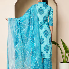 Poshak Hub Women Turquoise Cotton A Line Kurta palazzo and dupatta