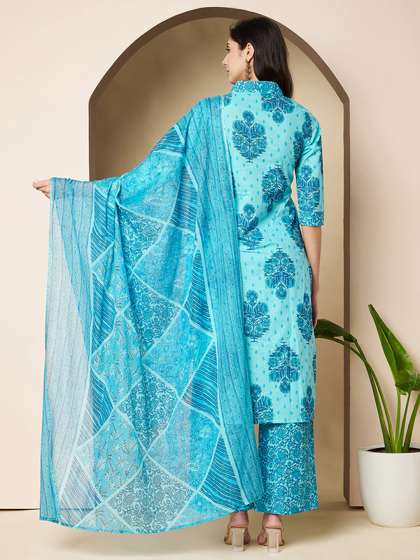 Poshak Hub Women Turquoise Cotton A Line Kurta palazzo and dupatta