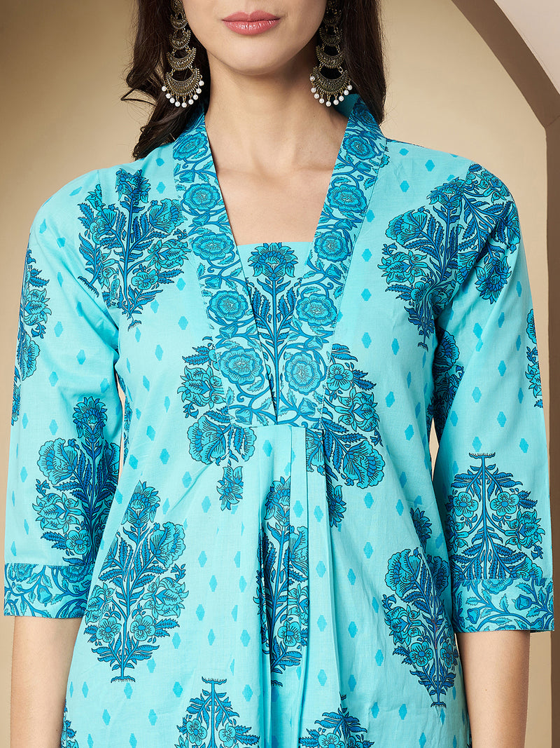 Poshak Hub Women Turquoise Cotton A Line Kurta palazzo and dupatta
