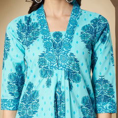 Poshak Hub Women Turquoise Cotton A Line Kurta palazzo and dupatta
