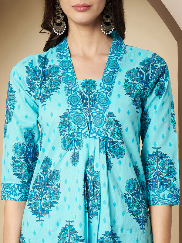 Poshak Hub Women Turquoise Cotton A Line Kurta palazzo and dupatta