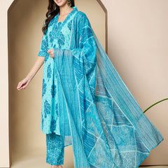 Poshak Hub Women Turquoise Cotton A Line Kurta palazzo and dupatta