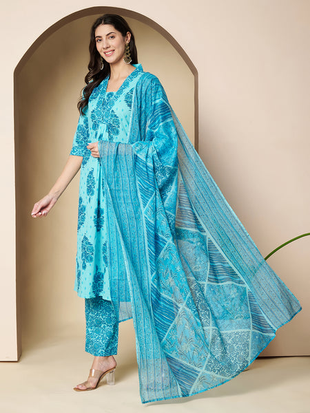 Poshak Hub Women Turquoise Cotton A Line Kurta palazzo and dupatta