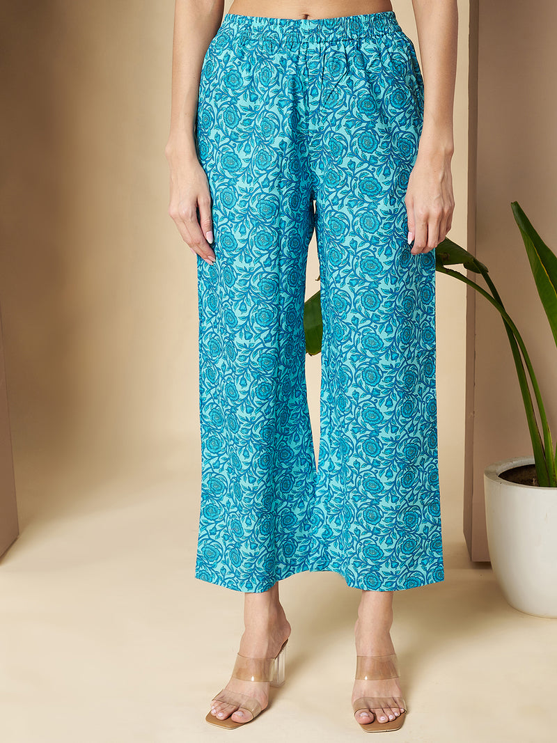 Poshak Hub Women Turquoise Cotton A Line Kurta palazzo and dupatta