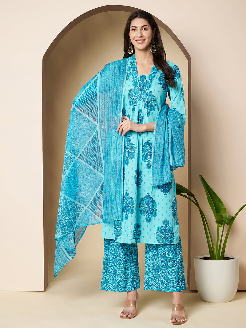 Poshak Hub Women Turquoise Cotton A Line Kurta palazzo and dupatta