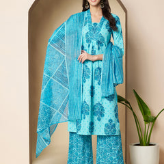 Poshak Hub Women Turquoise Cotton A Line Kurta palazzo and dupatta