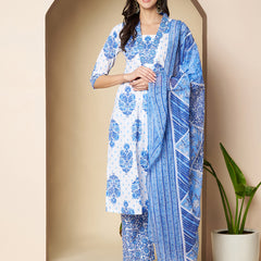 Poshak Hub Women White & Blue Cotton A Line Kurta palazzo and dupatta