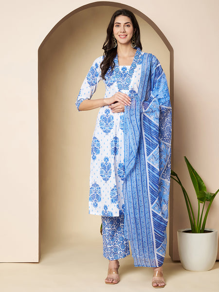Poshak Hub Women White & Blue Cotton A Line Kurta palazzo and dupatta