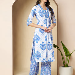 Poshak Hub Women White & Blue Cotton A Line Kurta palazzo and dupatta
