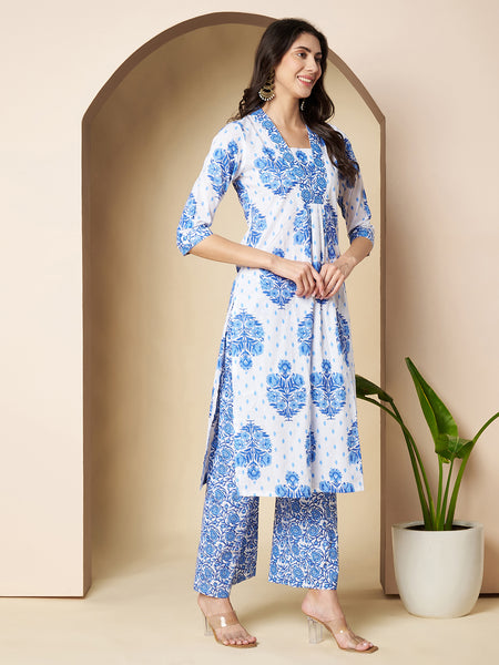 Poshak Hub Women White & Blue Cotton A Line Kurta palazzo and dupatta