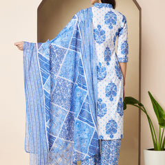 Poshak Hub Women White & Blue Cotton A Line Kurta palazzo and dupatta