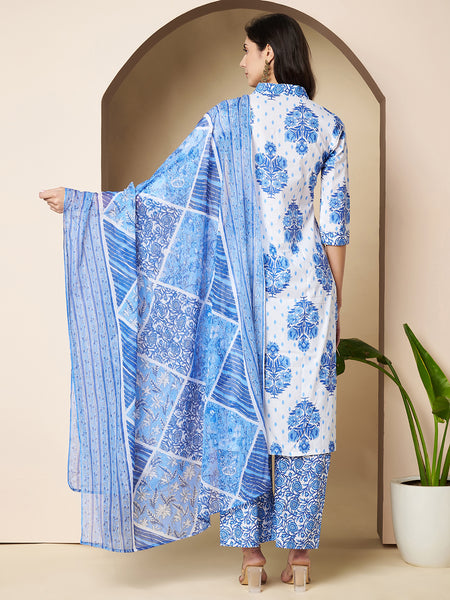 Poshak Hub Women White & Blue Cotton A Line Kurta palazzo and dupatta