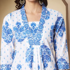 Poshak Hub Women White & Blue Cotton A Line Kurta palazzo and dupatta