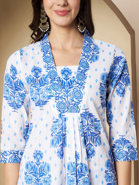 Poshak Hub Women White & Blue Cotton A Line Kurta palazzo and dupatta
