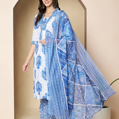 Poshak Hub Women White & Blue Cotton A Line Kurta palazzo and dupatta