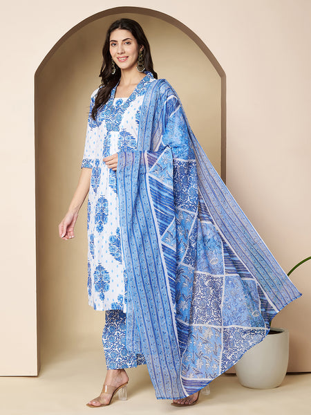 Poshak Hub Women White & Blue Cotton A Line Kurta palazzo and dupatta