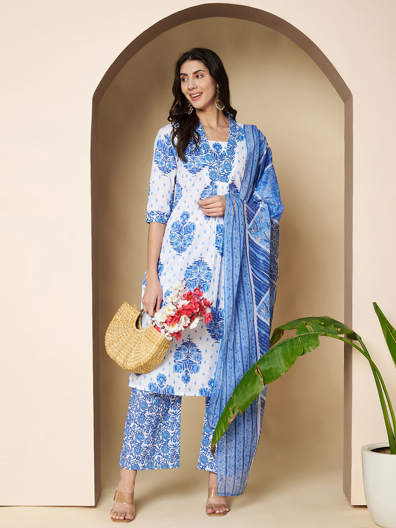 Poshak Hub Women White & Blue Cotton A Line Kurta palazzo and dupatta