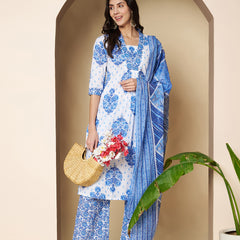 Poshak Hub Women White & Blue Cotton A Line Kurta palazzo and dupatta