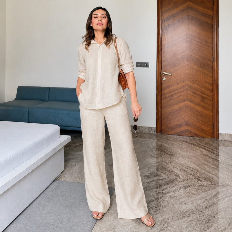 Beige Linen Co-Ord Set for Women | Relaxed Fit Shirt & Wide Leg Pants