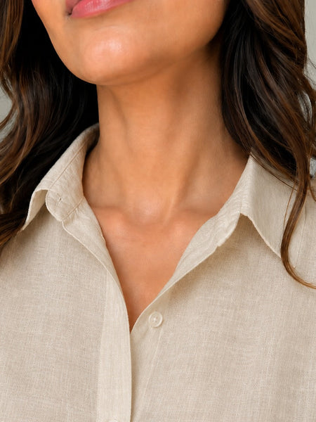 Beige Linen Co-Ord Set for Women | Relaxed Fit Shirt & Wide Leg Pants