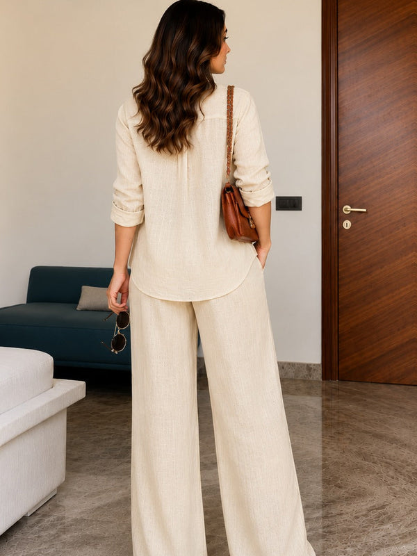Beige Linen Co-Ord Set for Women | Relaxed Fit Shirt & Wide Leg Pants